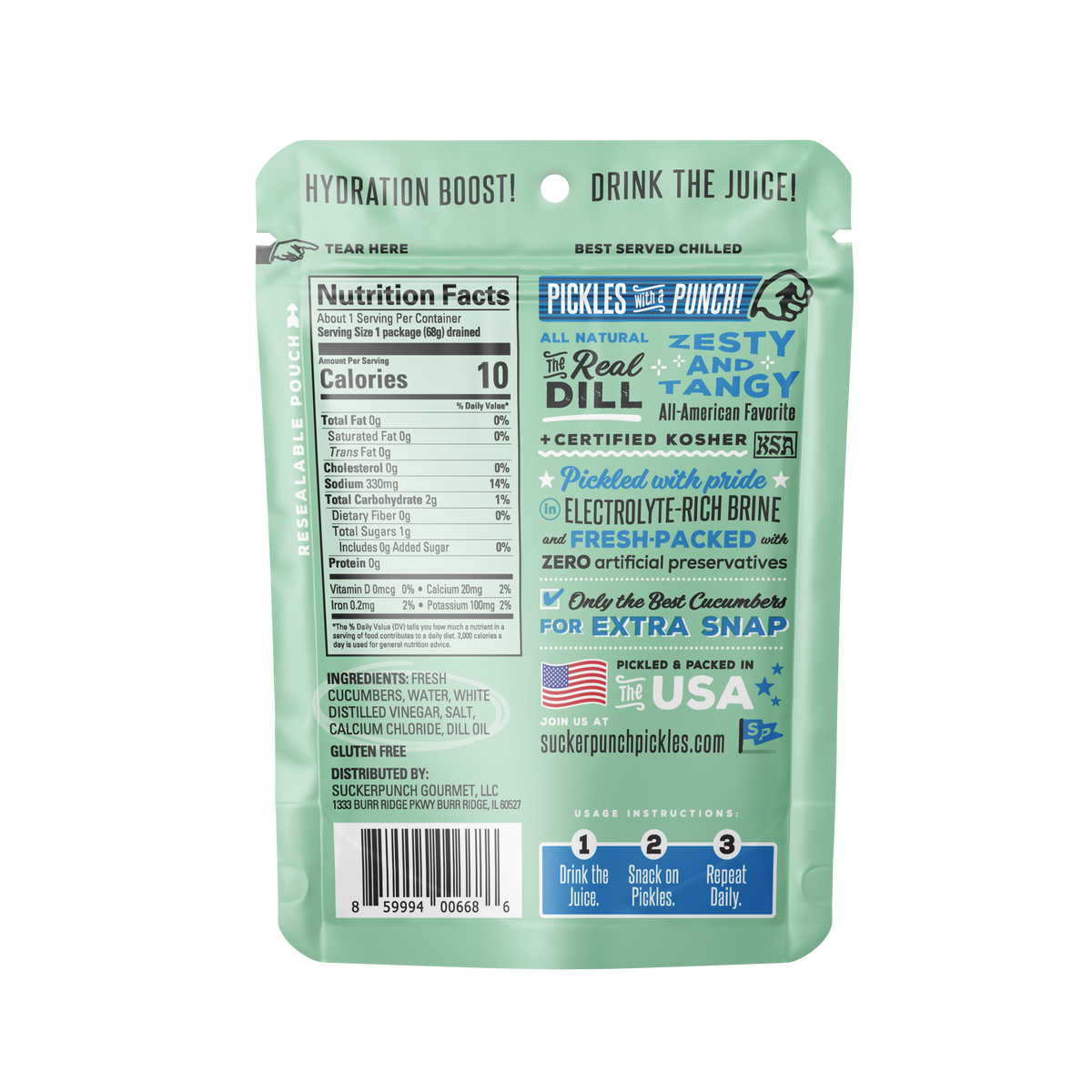 The back of a Pickles with PUNCH! hydration boost pouch in mint green, showing nutrition facts, ingredients, and usage instructions.