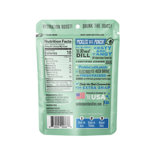 The back of a Pickles with PUNCH! hydration boost pouch in mint green, showing nutrition facts, ingredients, and usage instructions.