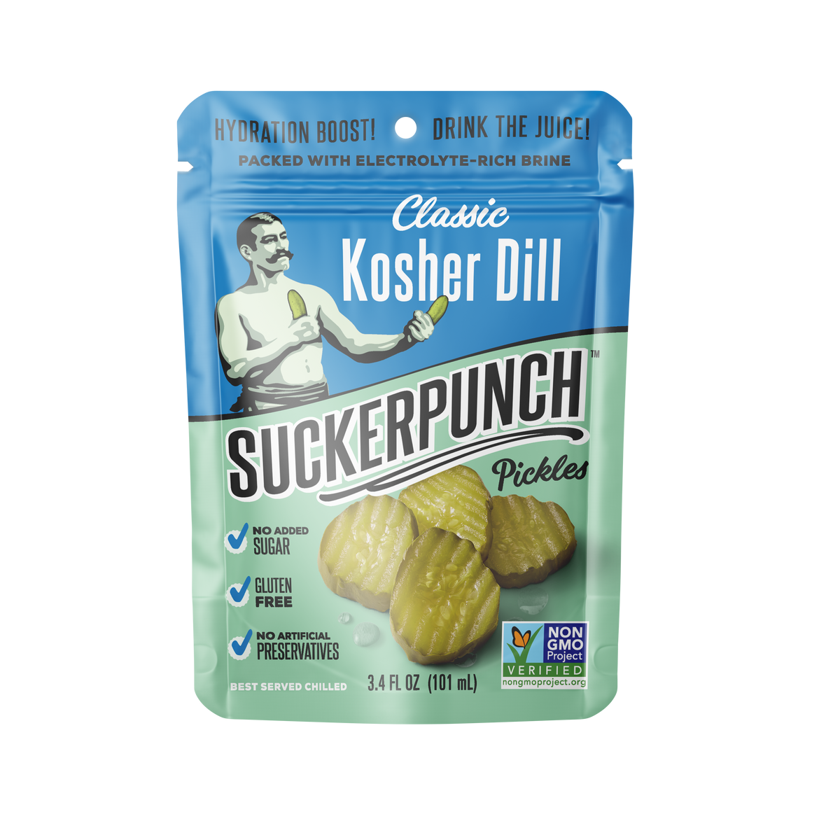 A 3 fl oz stand-up pouch of Suckerpunch Classic Kosher Dill Pickles on a plain white background. The packaging features a blue top section and a light green bottom section with product imagery of gherkin pickles and a vintage-style illustration of a man holding a pickle.