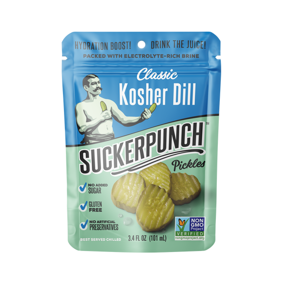A 3 fl oz stand-up pouch of Suckerpunch Classic Kosher Dill Pickles on a plain white background. The packaging features a blue top section and a light green bottom section with product imagery of gherkin pickles and a vintage-style illustration of a man holding a pickle.