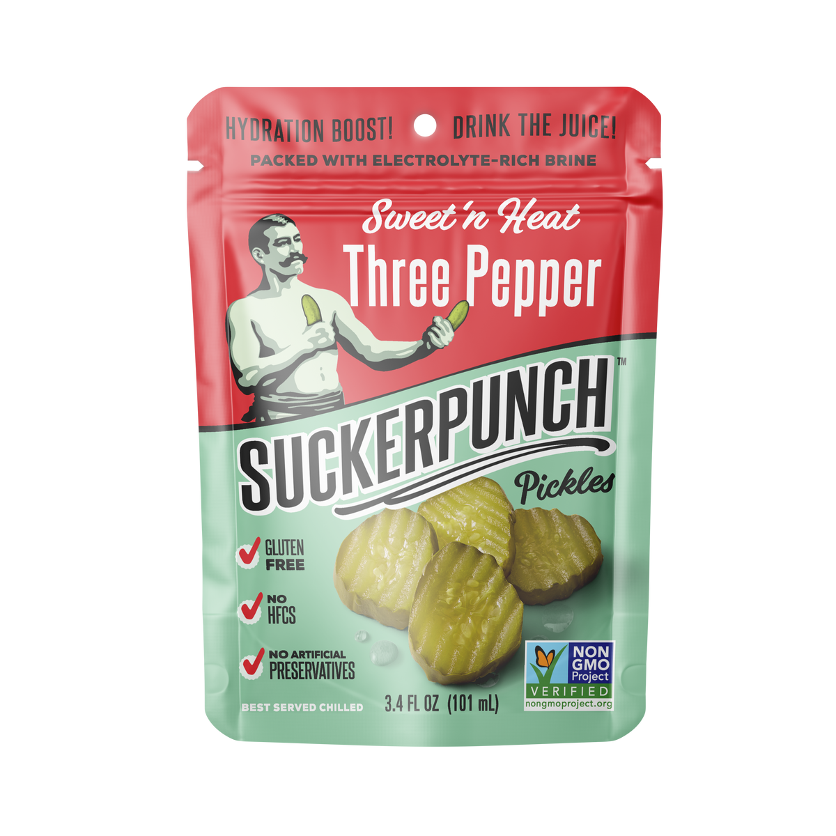 A 3.4 fl oz pouch of Sweet 'n Heat Three Pepper Suckerpunch Pickles, featuring a red and mint green design with an illustration of a man holding a pickle and photos of whole pickles on the front.