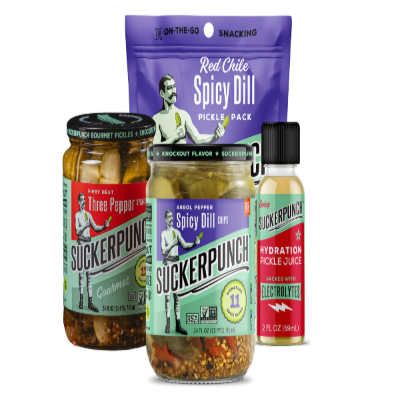 Assorted SuckerPunch snack items including jars and a pouch on a white background